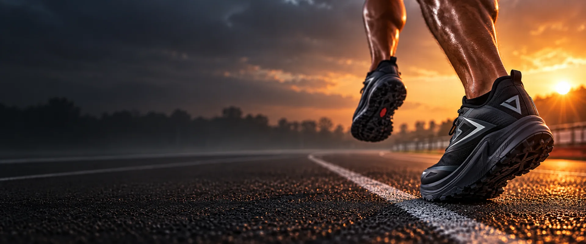 Un coureur portant des chaussures Peak noires sur une piste au coucher du soleil